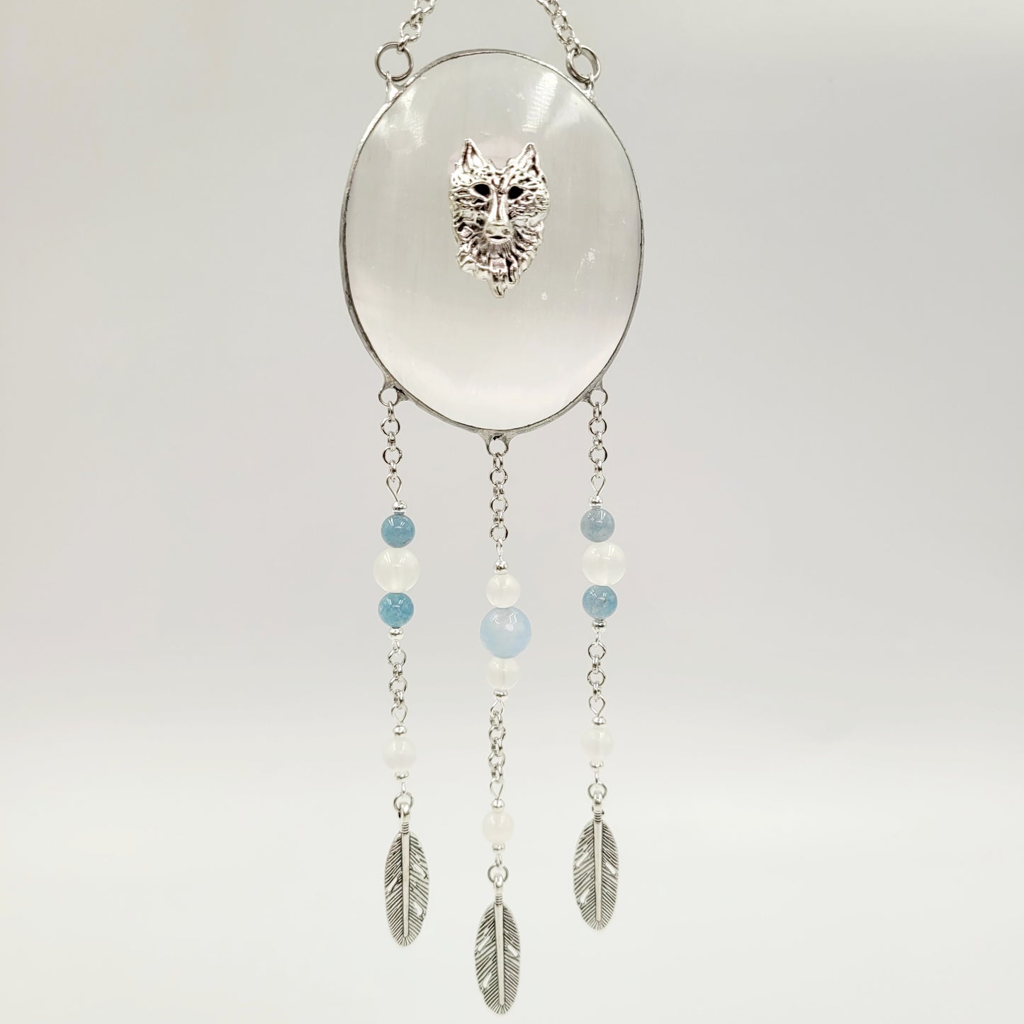 Selenite Hanging Oval/ Wolf
