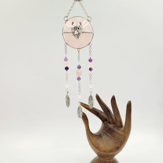 Rose Quartz Hanging Sphere Wolf