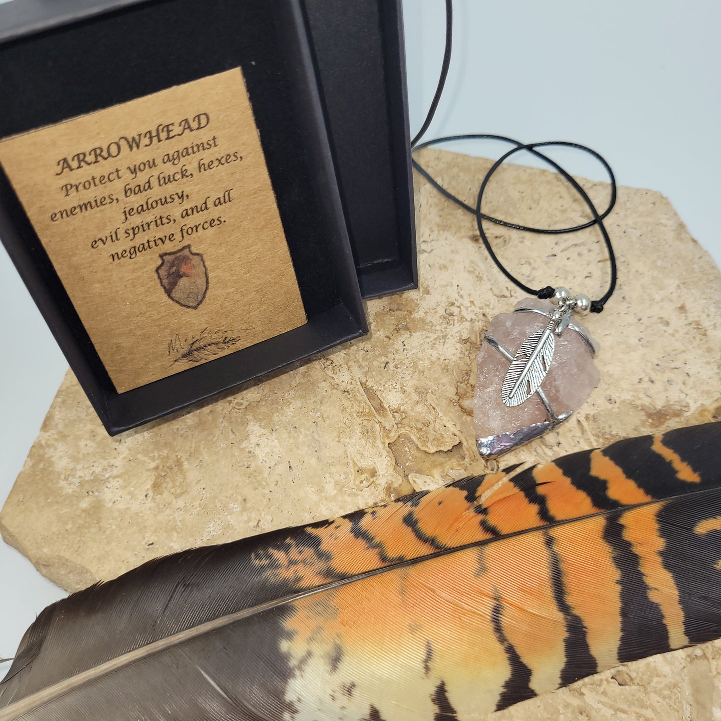 Rose Quartz Pewter Arrowhead Necklace