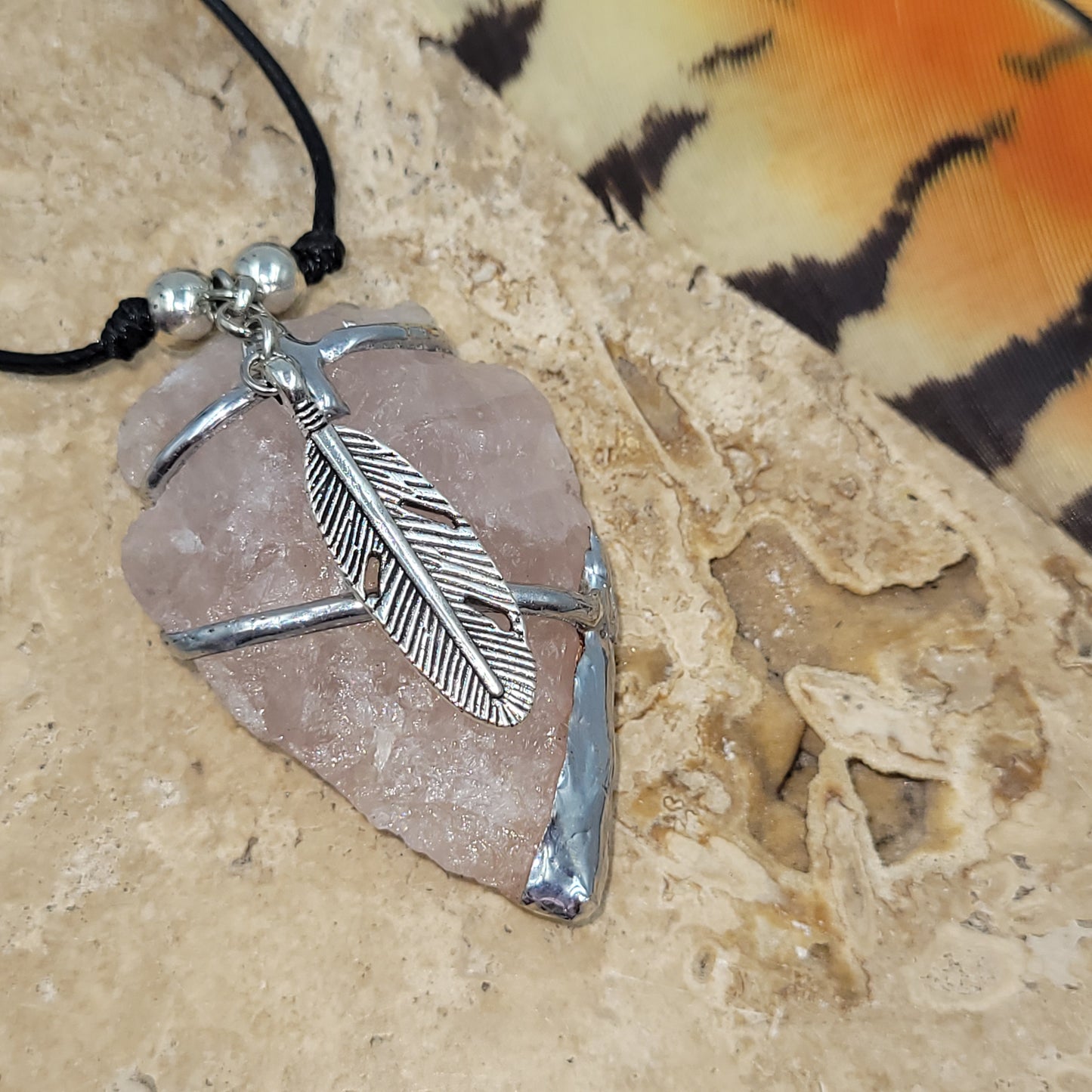 Rose Quartz Pewter Arrowhead Necklace
