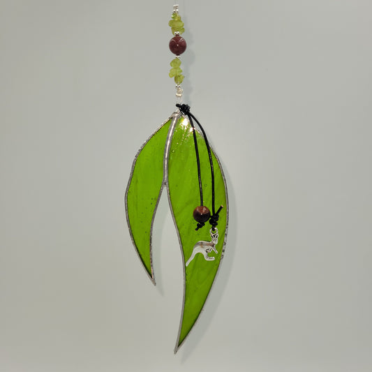 Hanging Stained Glass Gumleaf Kangaroo charm.