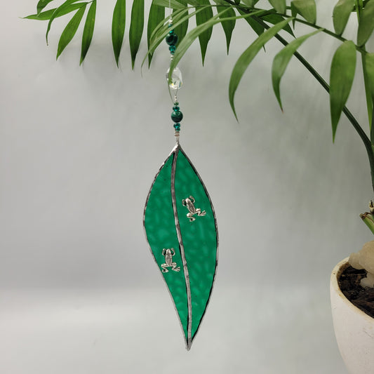 Hanging Stained Glass Small Leaf Dark Green / Frog