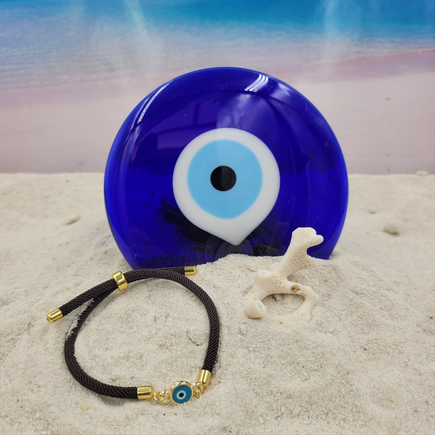 Evil Eye Aqua Slider Cord Bracelet