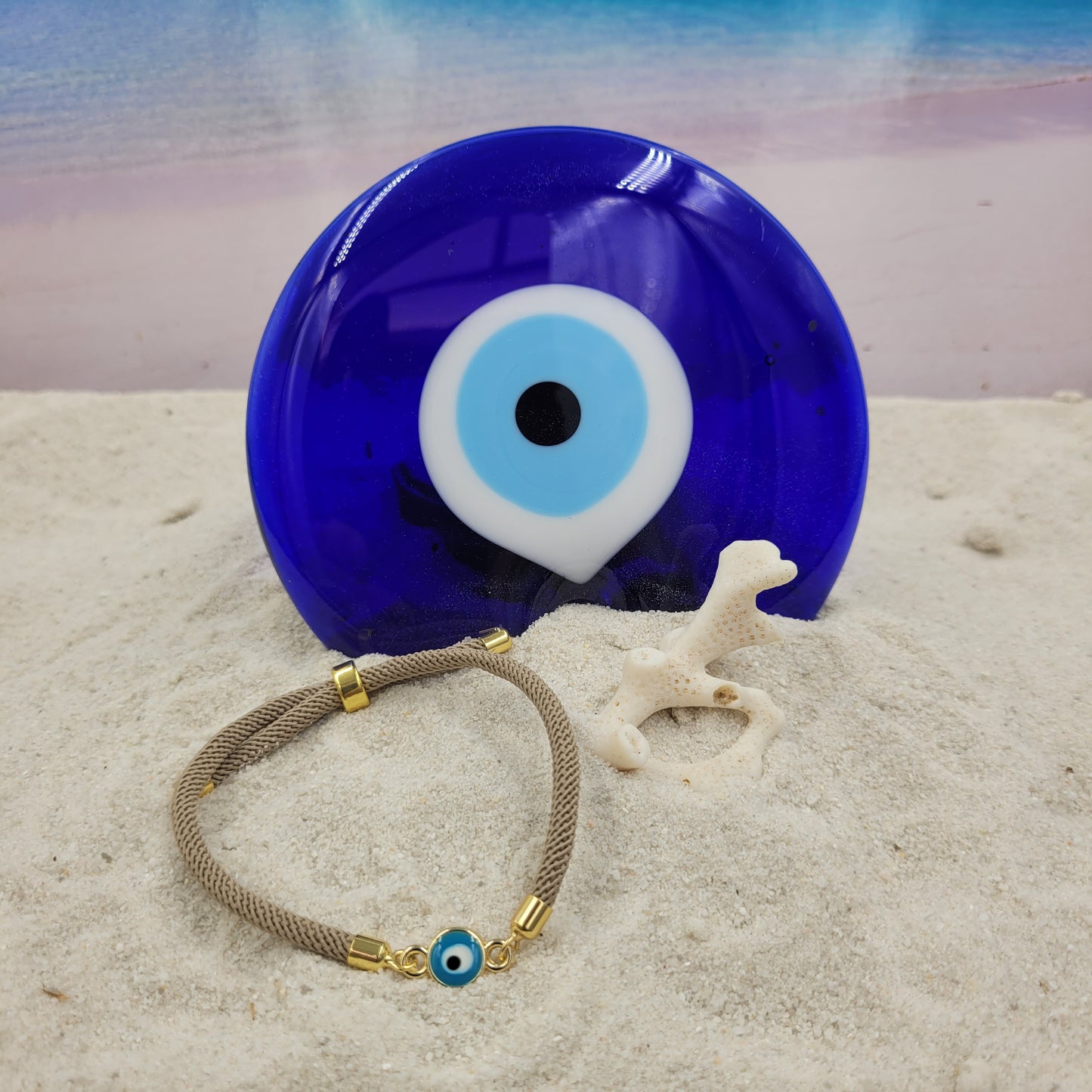 Evil Eye Aqua Slider Cord Bracelet