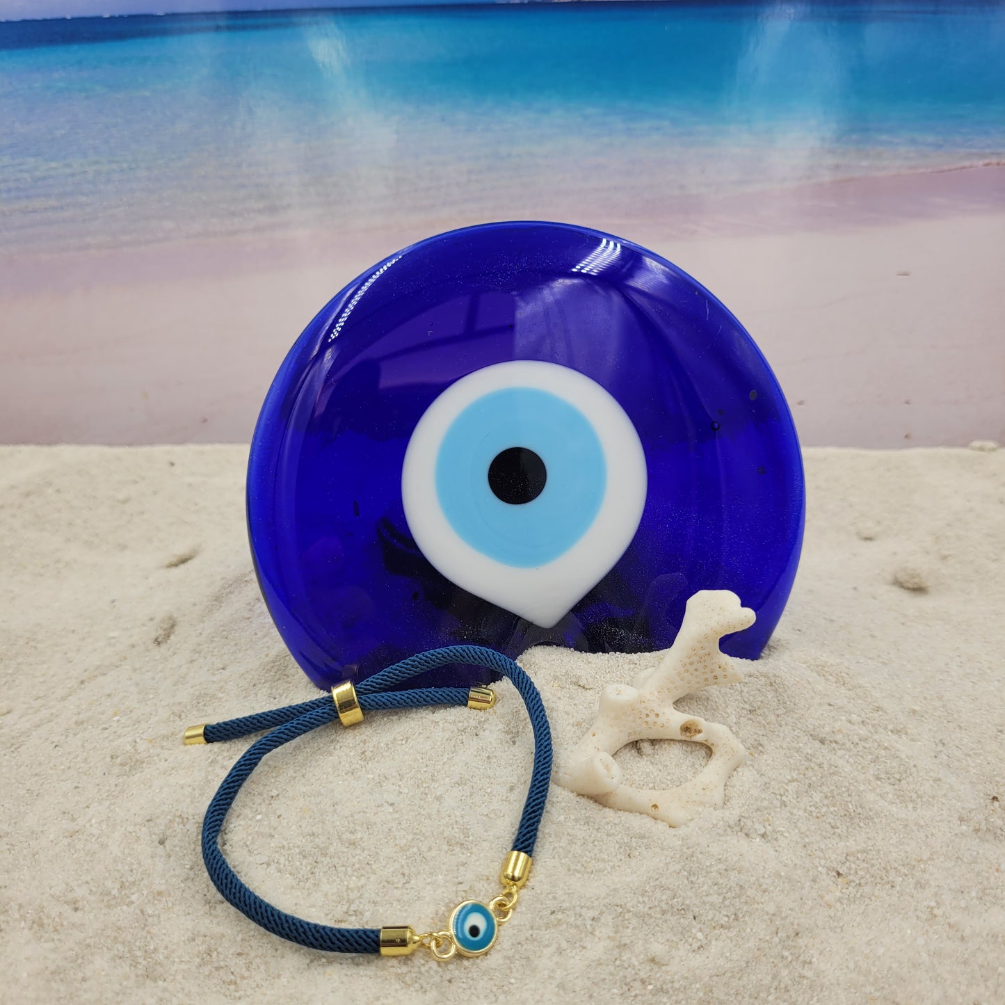 Evil Eye Aqua Slider Cord Bracelet