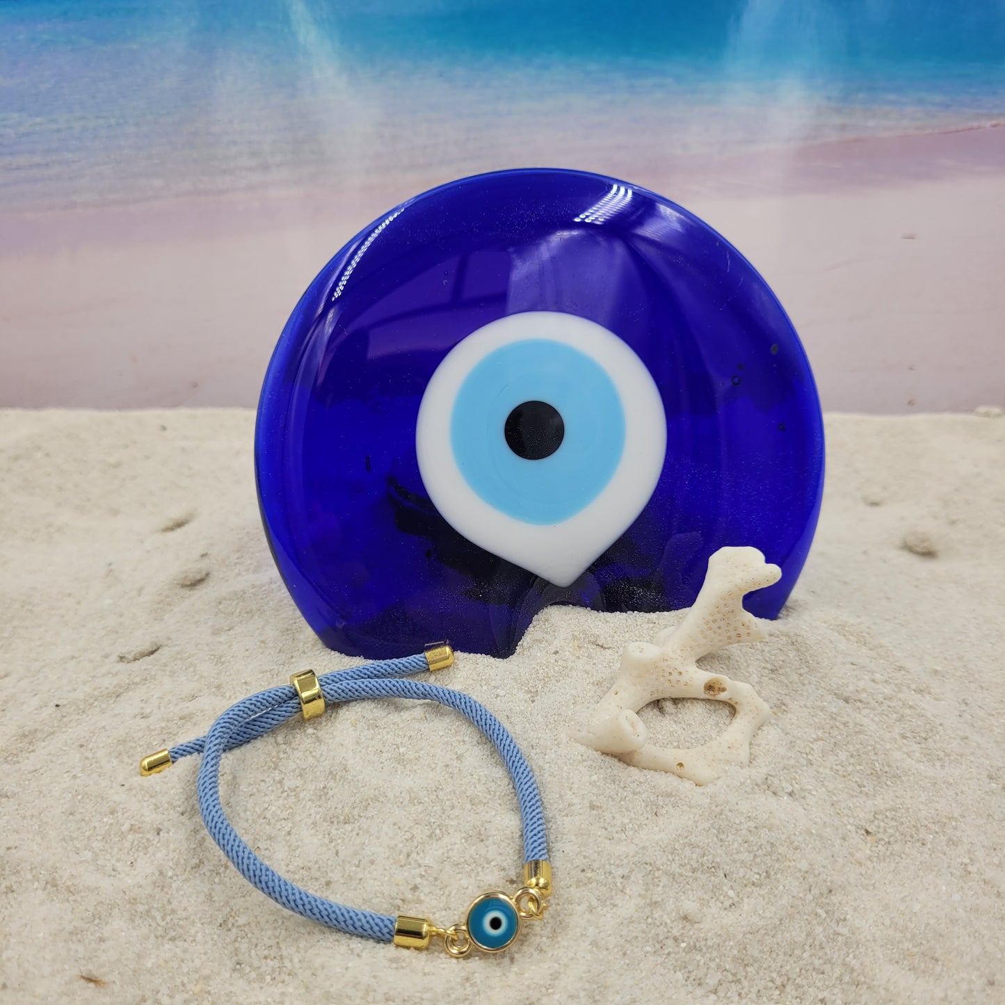 Evil Eye Aqua Slider Cord Bracelet