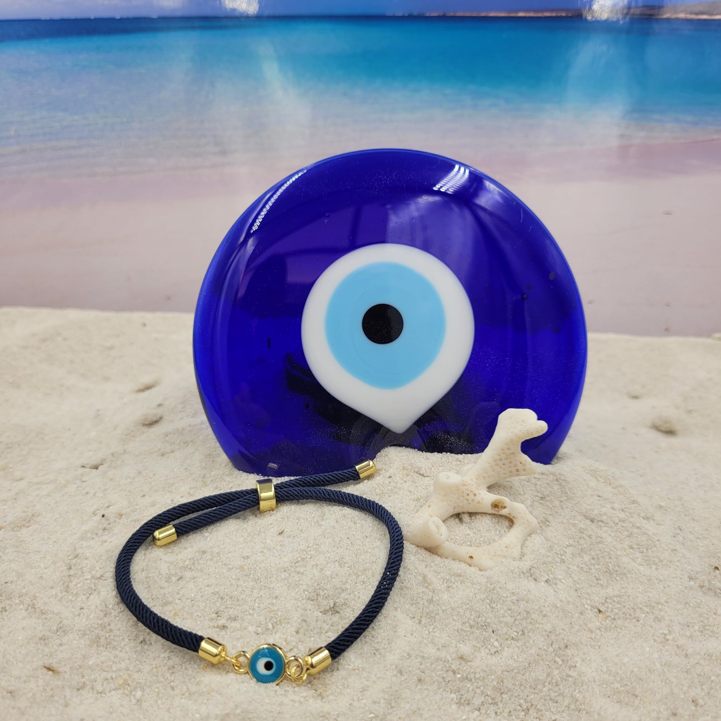 Evil Eye Aqua Slider Cord Bracelet