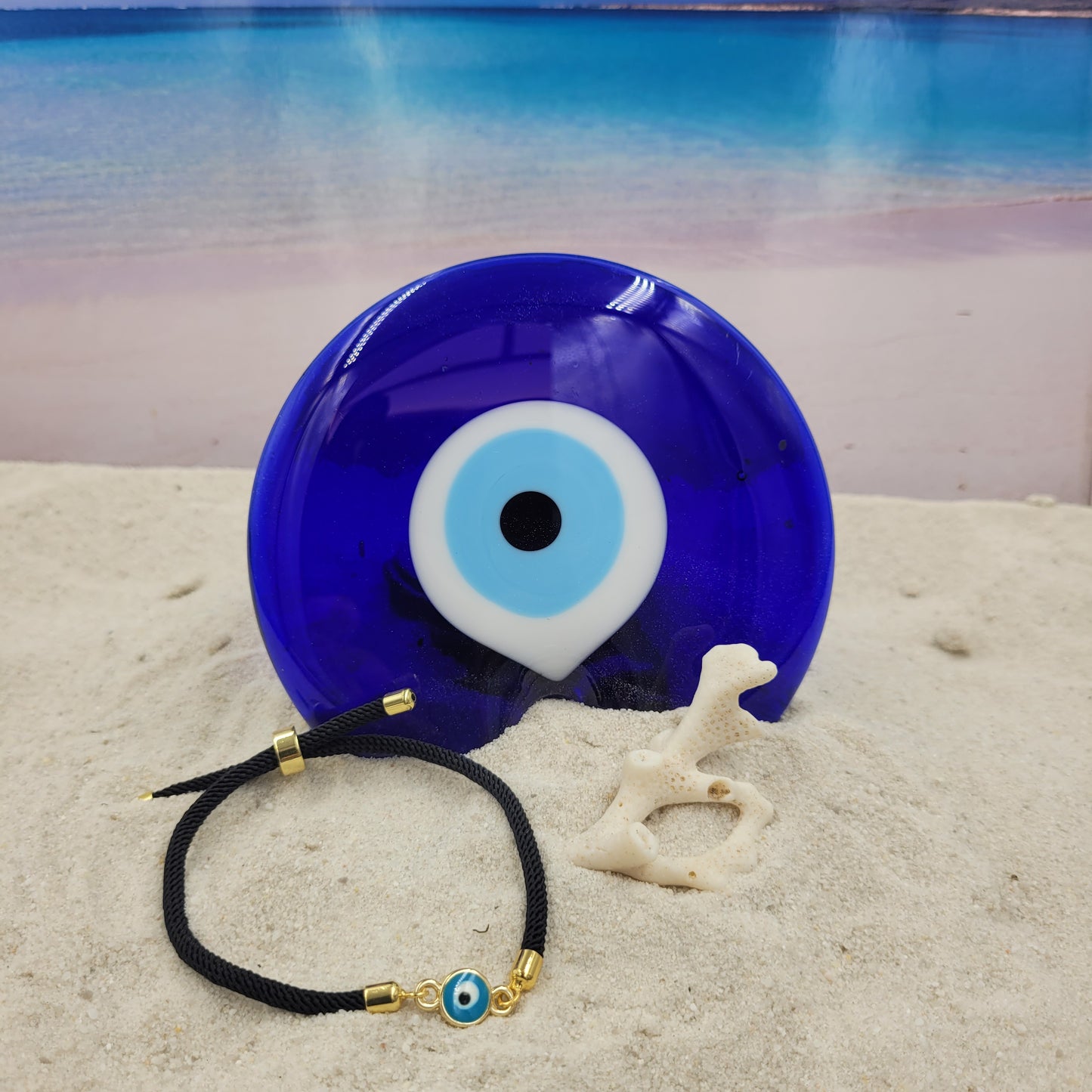 Evil Eye Aqua Slider Cord Bracelet