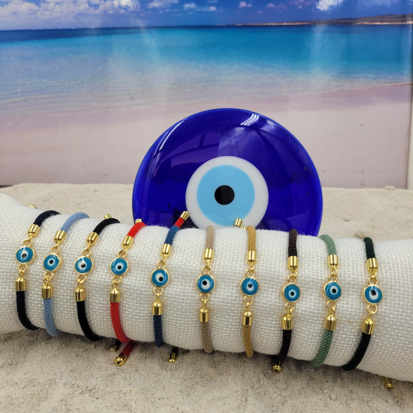 Evil Eye Aqua Slider Cord Bracelet
