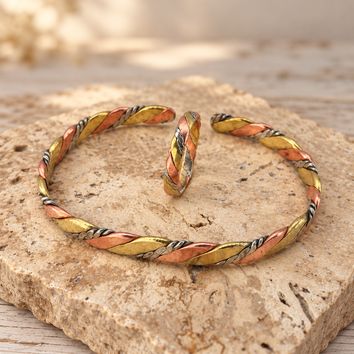 Triple Metal Braided Bracelet & Ring Set