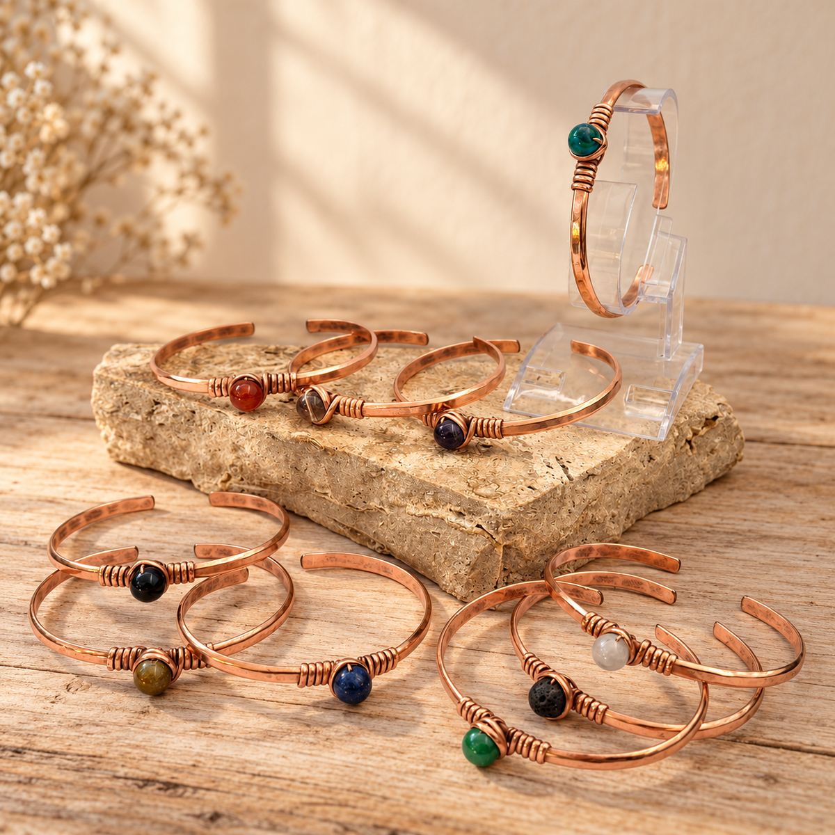 Copper Natural stone Cuff Bracelet Stones