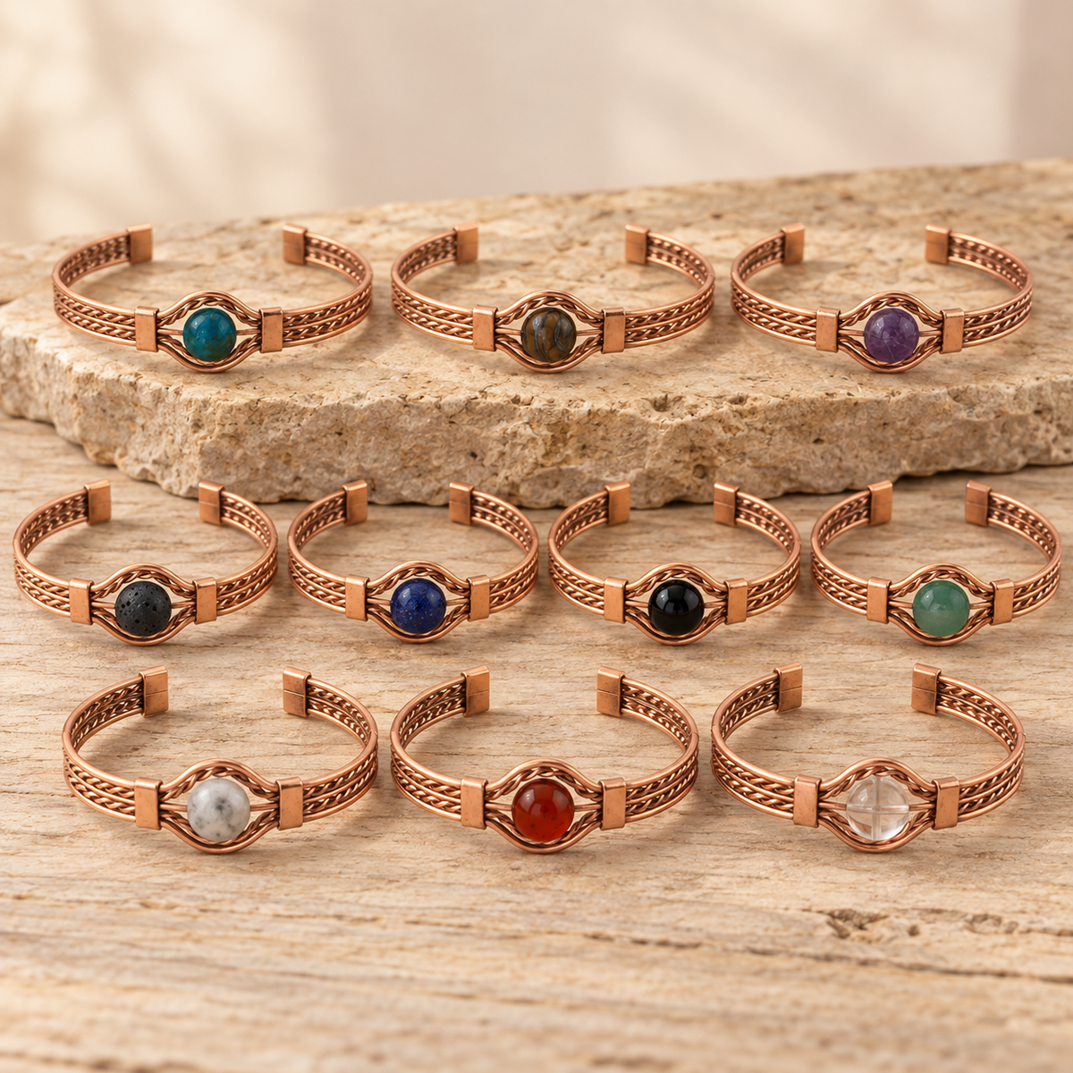 Braided Copper Natural Stone Cuff Bracelets