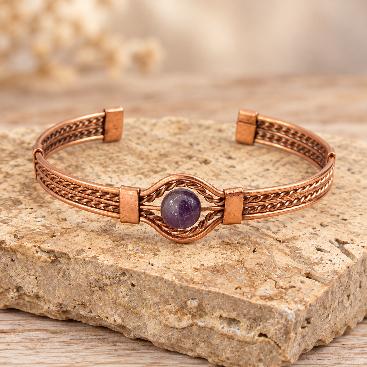 Braided Copper Natural Stone Cuff Bracelets