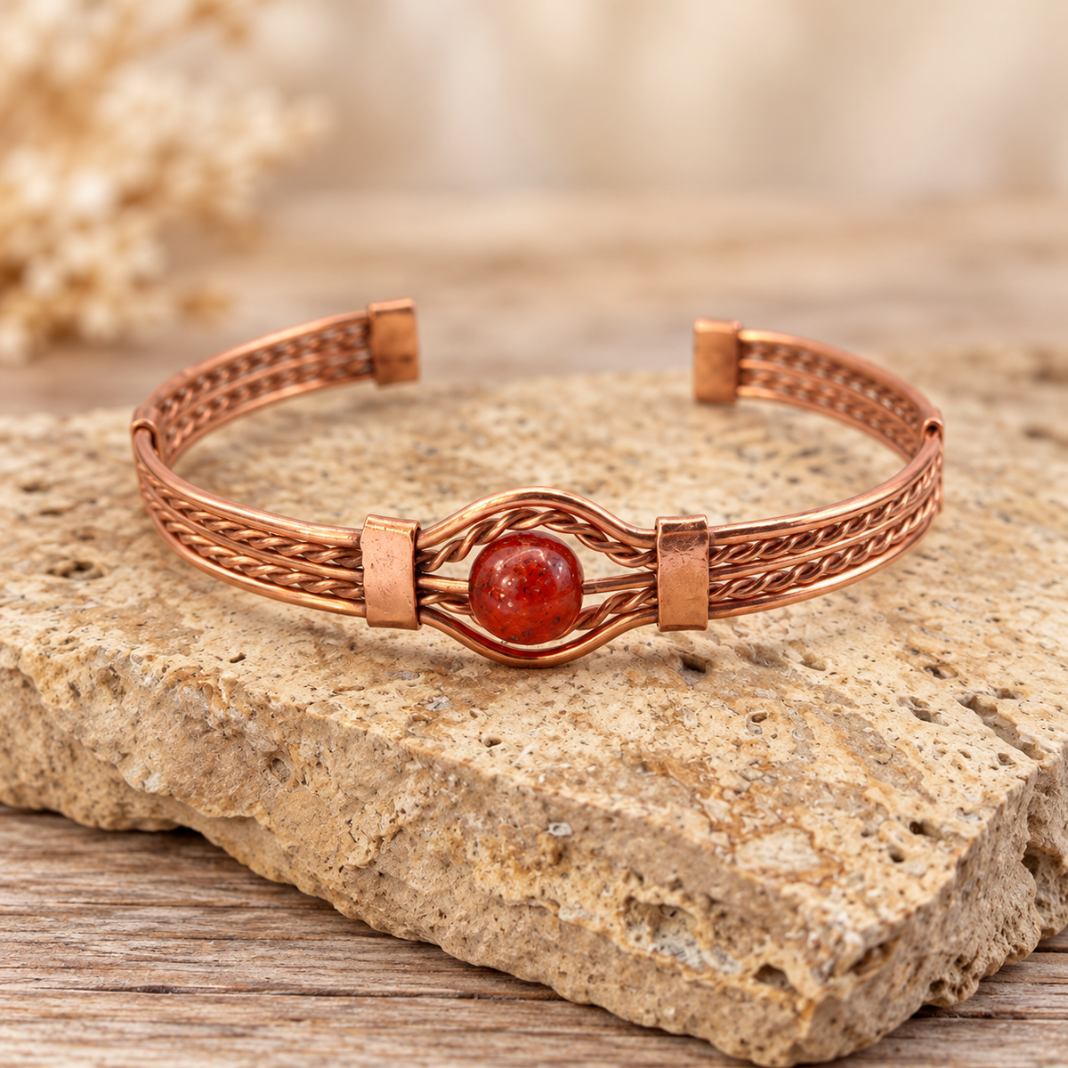 Braided Copper Natural Stone Cuff Bracelets