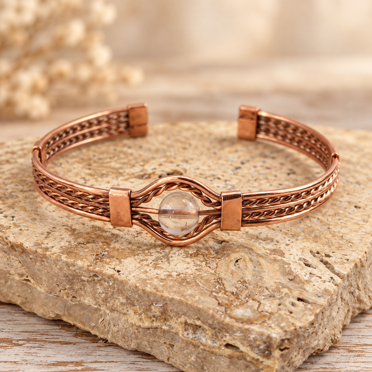 Braided Copper Natural Stone Cuff Bracelets