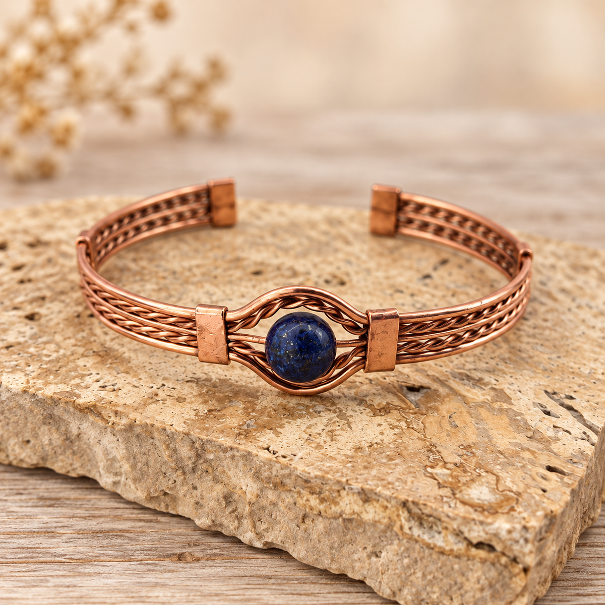 Braided Copper Natural Stone Cuff Bracelets