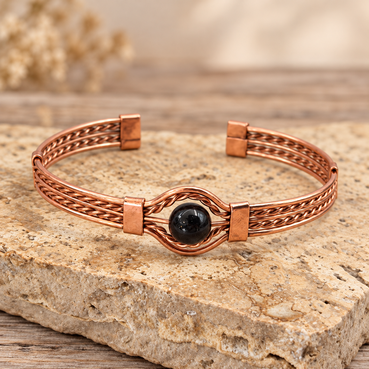 Braided Copper Natural Stone Cuff Bracelets