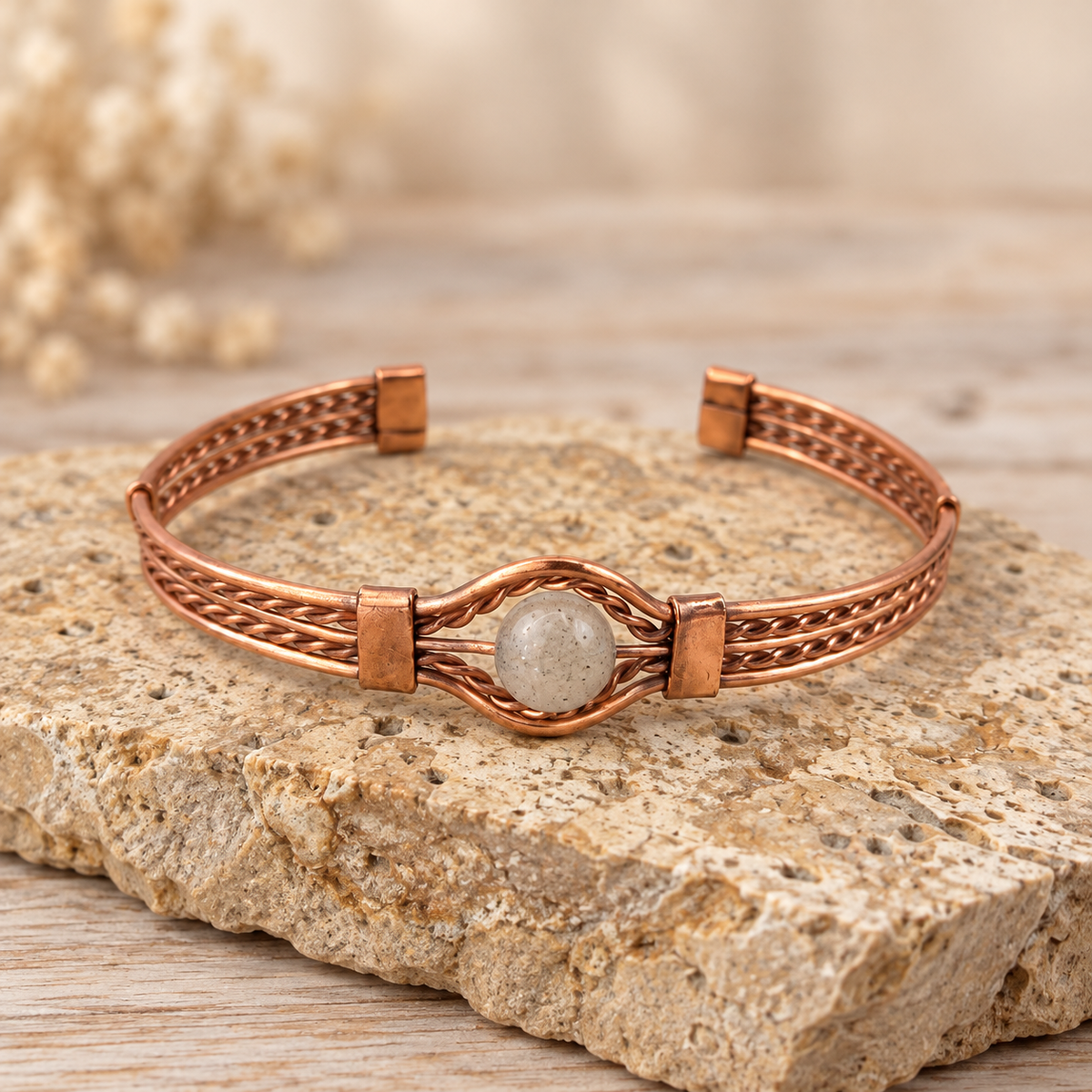 Braided Copper Natural Stone Cuff Bracelets