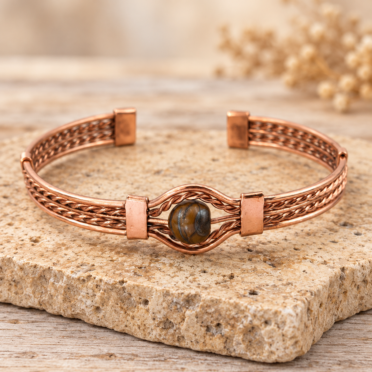 Braided Copper Natural Stone Cuff Bracelets